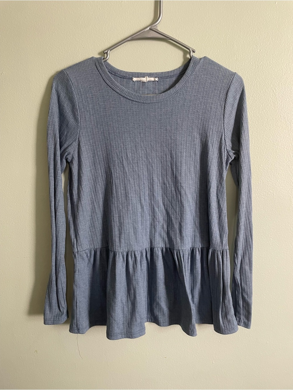 Caution To The Wind Dusty Blue Ribbed Peplum Long-Sleeve Top